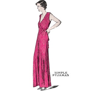 May include: A pink sleeveless dress with a geometric pattern. The dress has a V-neckline and a wrap style. The text "SIMPLE PYJAMAS" is printed below the dress.