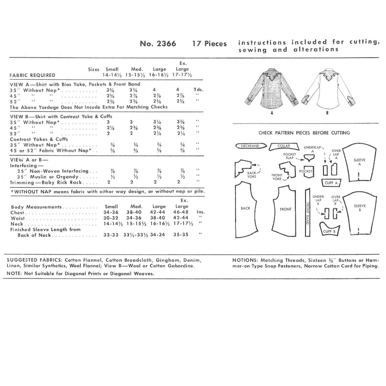 PDF - 1950s Men’s Western Shirt Sewing Pattern - Chest: 46-48