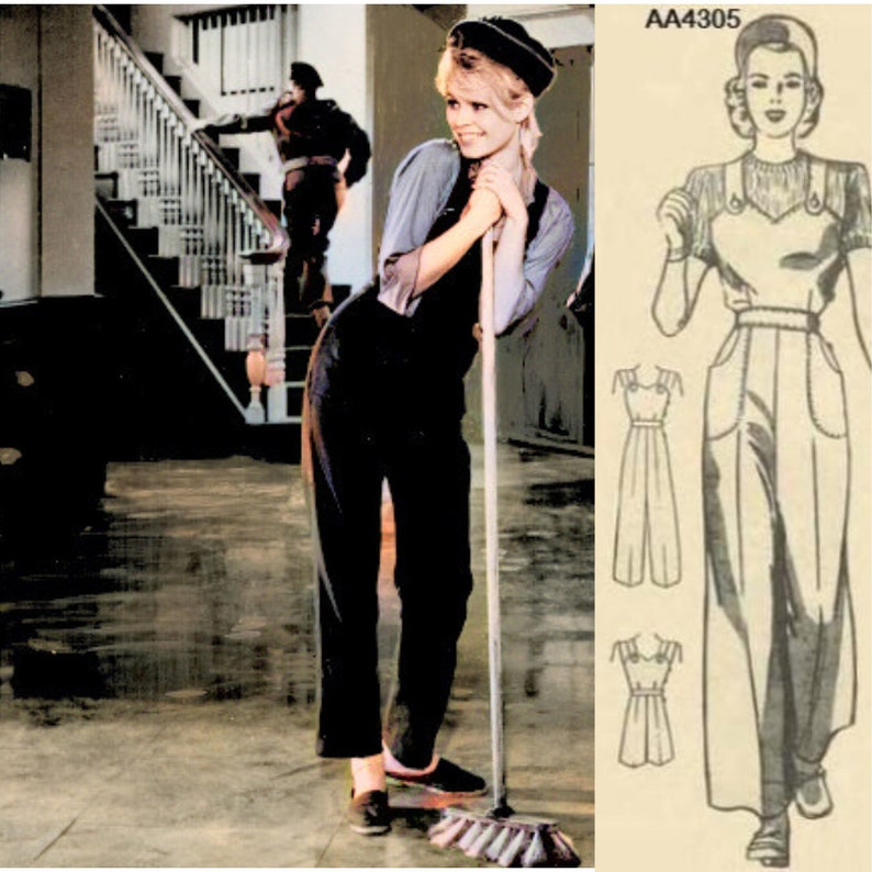 1940s Overalls & Coveralls | Rosie the Riveter Vintage 1940s Pattern: Land Girl Dungarees Pants Playsuit & Cap - Multi-sizes $27.65 AT vintagedancer.com