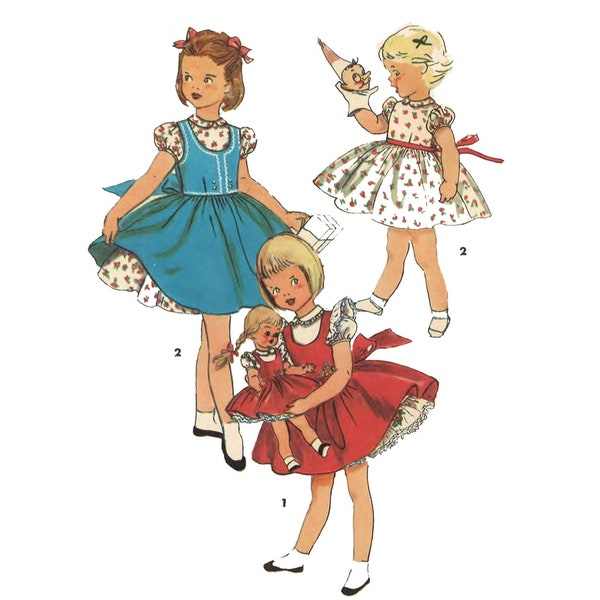 Vintage 1950's Sewing Pattern:  Matching  Girl's Pretty Dress & Matching Dolls Dress - Multi Sizes