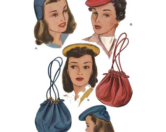 Vintage 1940's/50's Sewing Pattern: Ladies Hats & Drawstring Bag Millinery - Head size 23" (58cm)