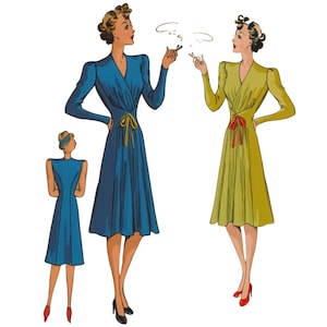 Vintage 1940&#39;s Sewing Pattern - Tie Front Frock Dress Wrap Adjustable - Bust 36” / 92cm