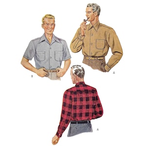 May include: Three men's shirts, one in a light blue color, one in a tan color, and one in a red and black plaid pattern. The shirts are all button-down and have short sleeves.