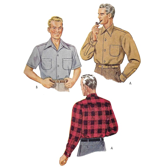PDF - 1940s Men's Shirt Sewing Pattern: Two Styles, Chest 46”- 48” (117cm -122cm) - Download
