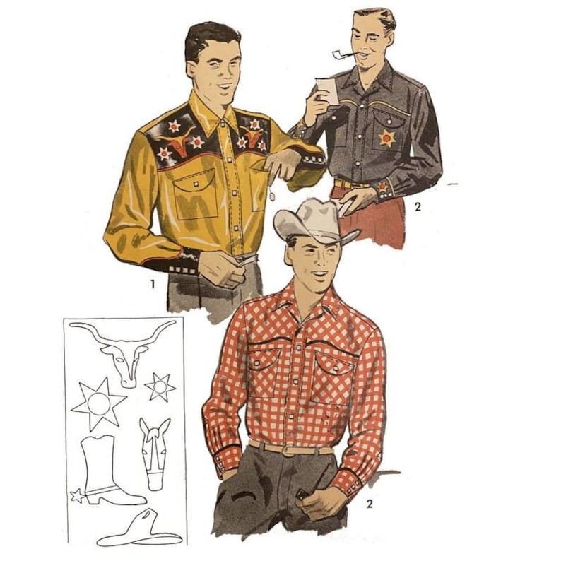 1950s Sewing Patterns | Dresses, Skirts, Tops, Mens     PDF - Vintage 1950s Pattern - Mens Western Shirts - Neck 16 – 16.5 (40.7cm – 42cm) - Instantly Print at Home  AT vintagedancer.com