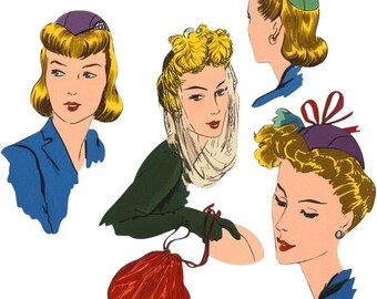 Vintage 1940's Sewing Pattern: Vogue Hat & Drawstring Evening Purse. Bag - Head Size 22” (5.9cm)