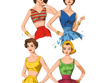 PDF - 1950s Sewing Pattern:  Set of Rockabilly Cropped Tops, Bra Tops -  Bust 34&quot; (86.4cm) - Instantly Print at Home