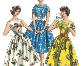 PDF - 1950's Vintage Sewing Pattern, Pretty Dress with Full Skirt, Rockabilly Dress - Bust 38" (96.5cm) - Instantly Print at Home