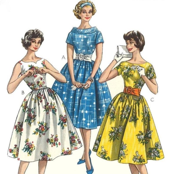 PDF - 1950's Vintage Sewing Pattern, Pretty Dress with Full Skirt, Rockabilly Dress - Bust 38" (96.5cm) - Instantly Print at Home