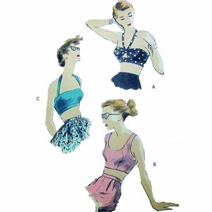 May include: A vintage illustration of three different swimsuit styles. The first swimsuit is a black and white polka dot halter top with a knot in the front. The second swimsuit is a pink, scoop-neck, sleeveless top. The third swimsuit is a turquoise halter top. All three swimsuits are cropped.