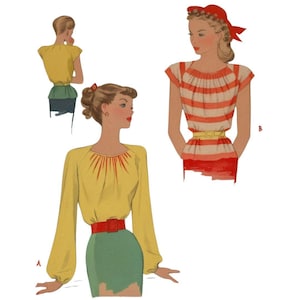 Vintage 1940&#39;s Sewing Pattern: Feminine Gathered Neck Blouse in Three Styles - Bust 34&quot; (86.4cm)