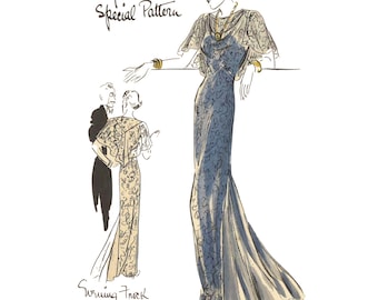 PDF - 1930's   Sewing Pattern: Special Design Elegant Evening Dress & Shawl - Bust 42”  (106.7cm) - Download