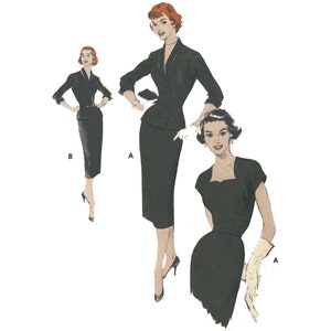 Op de afbeelding: Een vintage illustratie van twee vrouwen die verschillende stijlen zwarte jurken dragen. De jurk aan de linkerkant heeft een getailleerd jasje en een rok die tot op de knie valt. De jurk aan de rechterkant heeft een sweetheart-halslijn en korte mouwen. Beide jurken zijn getailleerd.
