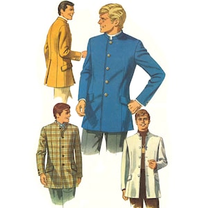 May include: Three men's jackets in different styles and colors. The first jacket is a yellow blazer with a mandarin collar. The second jacket is a blue blazer with a mandarin collar and gold buttons. The third jacket is a white blazer with a mandarin collar and a gold chain.