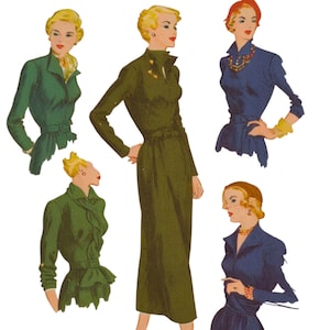 PDF - Vintage 1940&#39;s Schnittmuster: Elegantes Long Line Vogue Kleid Stehkragen - Oberweite 91.5 cm - Download
