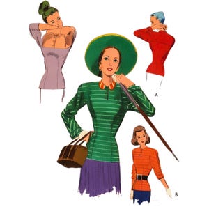 Vintage 1940s Pattern – Tops, Blouse in Two Styles - Bust: 36” (91.4cm)