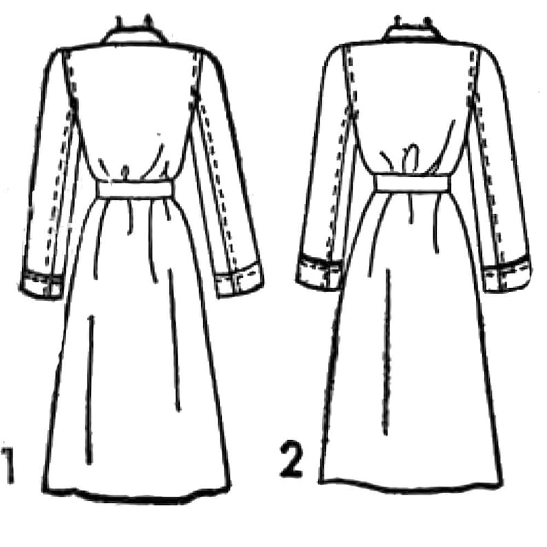 May include: A line drawing of a long, belted robe with long sleeves. The robe is shown from the front and back. The drawing is labelled "1" and "2" to indicate the front and back views.