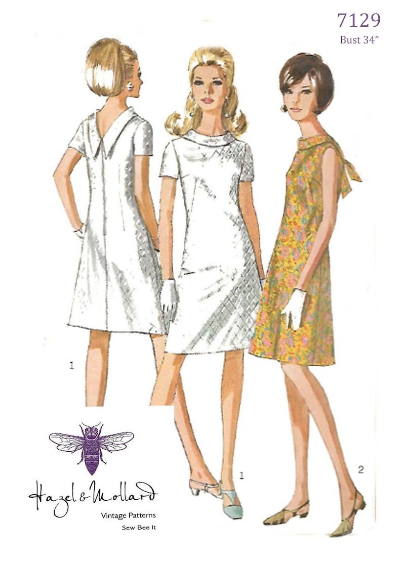 1960s Sewing Patterns | 1970s Sewing Patterns Vintage 1960s Sewing Pattern: A-Line V-Back Jiffy Dress MOD Bust 34