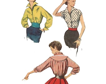 PDF - 1950s Sewing Pattern: Stylish Blouse Pin Up, Rockabilly.  Blouse - Bust 30" (76.2cm) - Instantly Print at Home