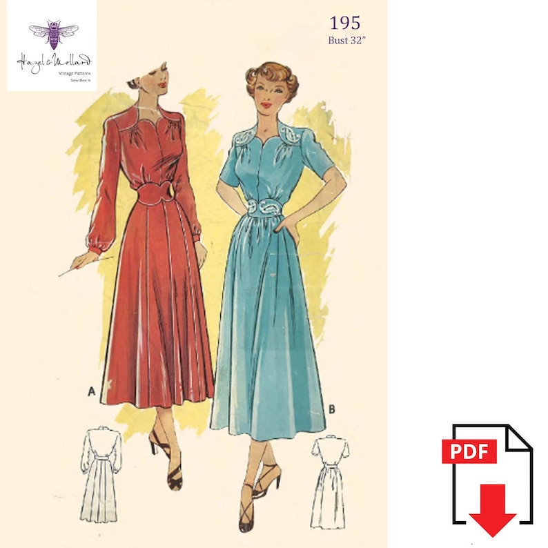 1940s Tea Dresses, Mature, Mrs. Long Sleeve Dresses Vintage 1940s Sewing Pattern: Wartime Dress - Shoulder Yokes - Sweetheart - Bust 32&rdquo; (81.3cm) $28.69 AT vintagedancer.com