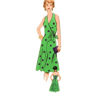 Illustration of a woman wearing a green dress with black polka dots on a white background
