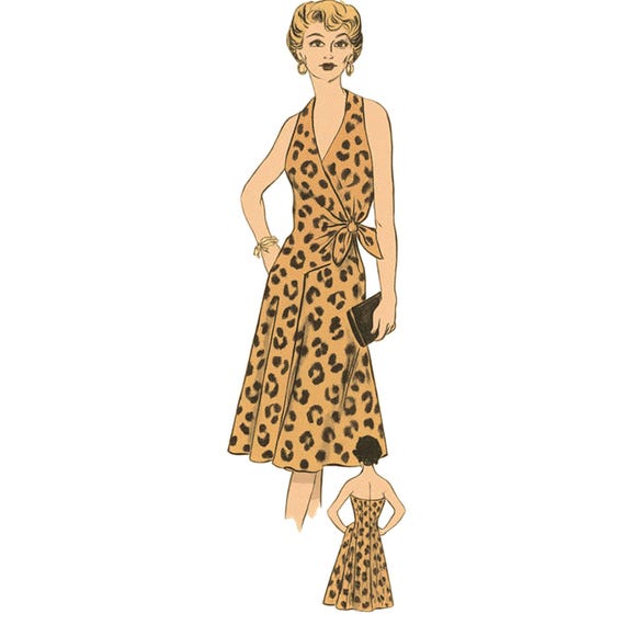 Vintage 1970s Pattern – Halter-neck Wrap-over Midi-Dress - Bust 38” (96.5cm)