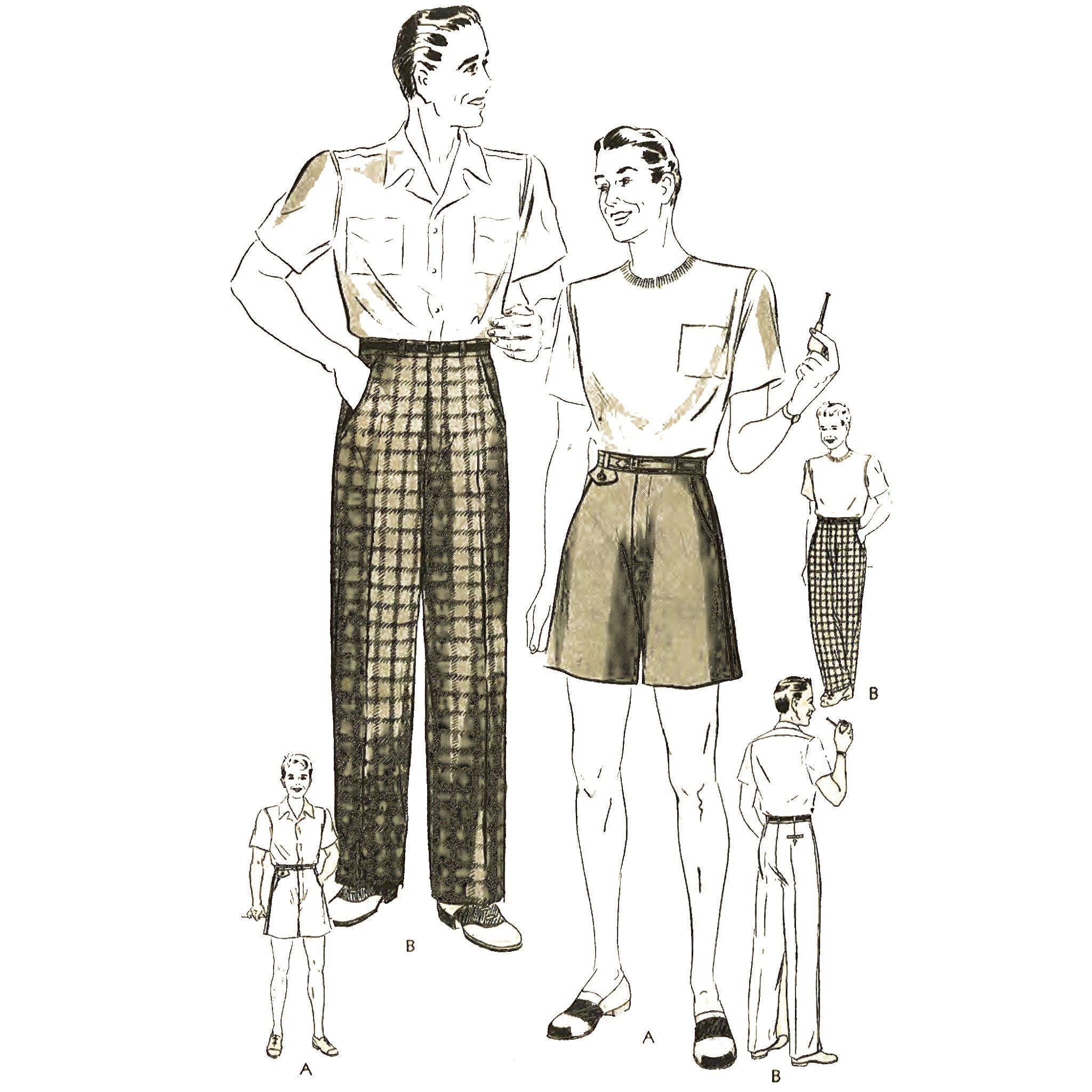 Vintage 1940's Sewing Pattern, Men's Slacks Pants Trousers Shorts - Waist:  36” (91cm)