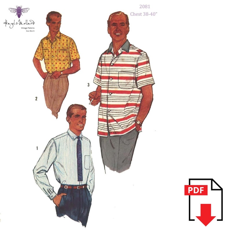 1950s Sewing Patterns | Dresses, Skirts, Tops, Mens PDF - Vintage 1950s Sewing Pattern: Mens Sports Shirt with Yoke & Pocket - Chest 38