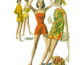 PDF - Vintage 1950's Sewing Pattern: Bathing Suit, Beach Robe & Play-Suit - Bust 36" (91.5cm) - Instantly Print at Home