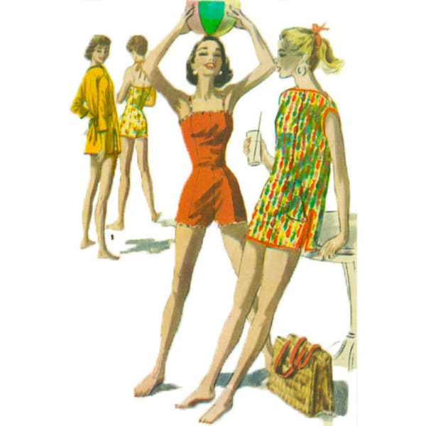 PDF - Vintage 1950's Sewing Pattern: Bathing Suit, Beach Robe & Play-Suit - Bust 36" (91.5cm) - Instantly Print at Home
