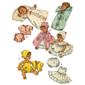 May include: A vintage sewing pattern for doll clothes. The pattern includes a variety of styles, such as a sleeping gown, a bonnet, a dress, a coat, and a diaper. The pattern is illustrated with drawings of dolls wearing the clothes.