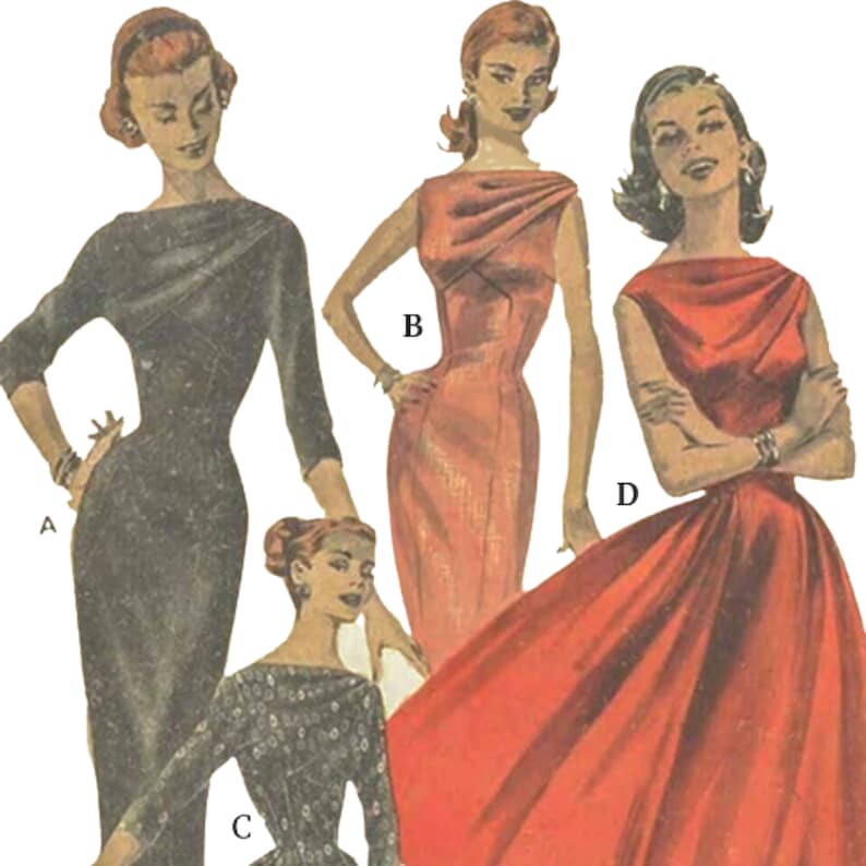 Vintage 1950s Sewing Pattern: 'Dreamboat' Rockabilly Draped Bodice Dress Multi-sizes image 1