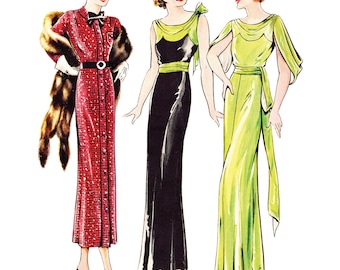 Pode incluir: Três mulheres vestindo diferentes estilos de vestidos longos. A mulher à esquerda está vestindo um vestido vermelho com um estola de pele, a mulher no meio está vestindo um vestido preto com uma faixa verde, e a mulher à direita está vestindo um vestido verde com uma faixa verde.