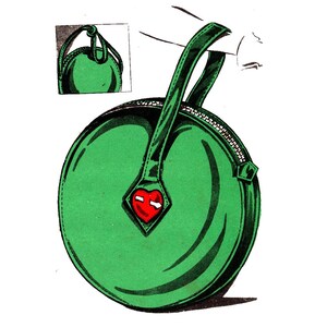 May include: A round, green purse with a zip fastening and a heart-shaped detail. The purse has a single, black leather handle.