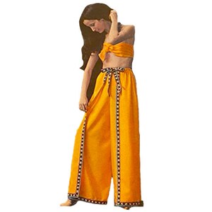 May include: A yellow wide-leg pantsuit with a halter top and a black and white trim. The pants have a tie at the waist.