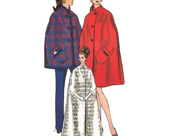 Vintage 1960's  Sewing Pattern: Cape Coat Cloak in 3 Versions - Bust 34”- 36” (86cm - 92cm)