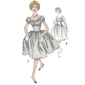May include: A vintage sewing pattern illustration of a woman wearing a white dress with a fitted bodice and a full skirt. The dress has a scoop neckline and short puffed sleeves. The illustration is in black and white with a few touches of color.
