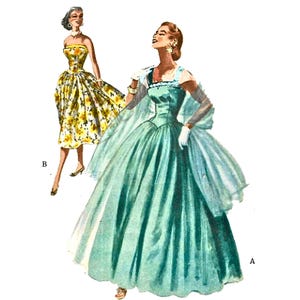 May include: Vintage illustration of two women in elegant dresses. One woman wears a strapless yellow floral dress. The other woman is in a long, flowing teal gown with a sheer shawl and white gloves. The image is a retro fashion illustration.