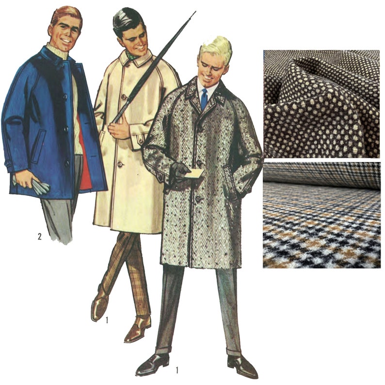 Three men wearing colorful raincoats on a white background with sample fabrics