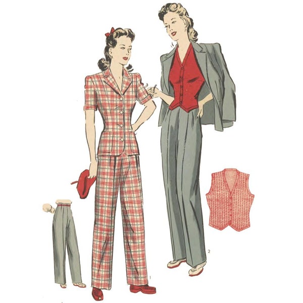 PDF - Vintage 1940's Sewing Pattern Women's Jacket & Slacks Suit - Bust 30" (76cm) - Instantly Print at Home