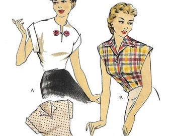 Vintage 1940's Sewing Pattern: Easy to Sew Blouse, Top, Two styles   - Bust 36" (91.4cm)