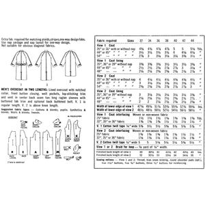 A black-and-white printed sewing pattern sheet showing measurements, fabric requirements, and construction details for a men's overcoat. The page includes labelled views, size tables, and line drawings of the garment and pattern layout.