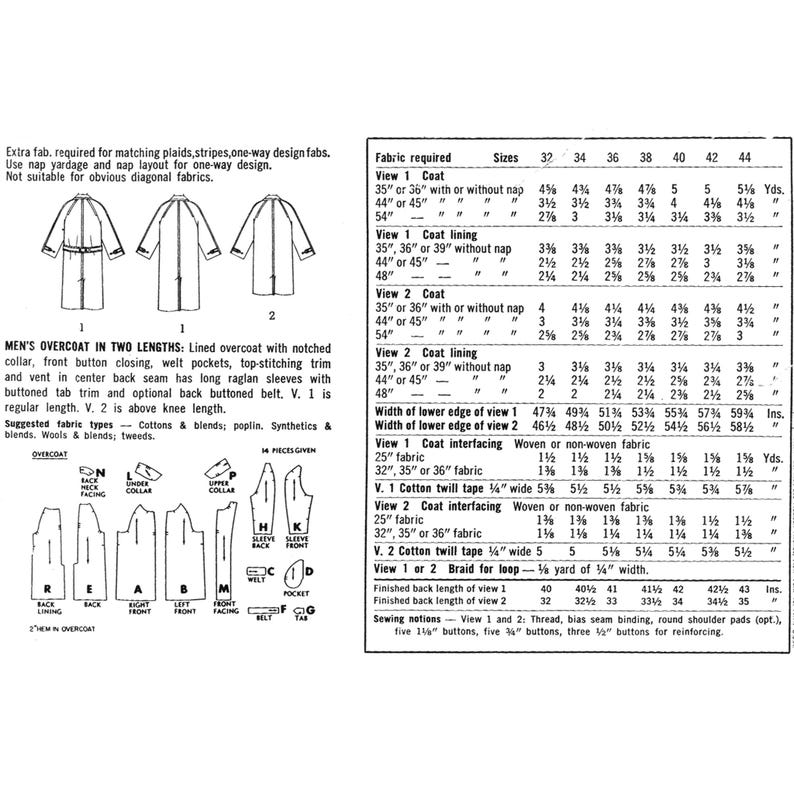 A black-and-white printed sewing pattern sheet showing measurements, fabric requirements, and construction details for a men's overcoat. The page includes labelled views, size tables, and line drawings of the garment and pattern layout.