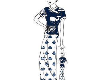 Vintage 1930's Sewing Pattern: Pyjamas / Beachwear Wide Leg Trousers Top - Bust 36” (91cm)