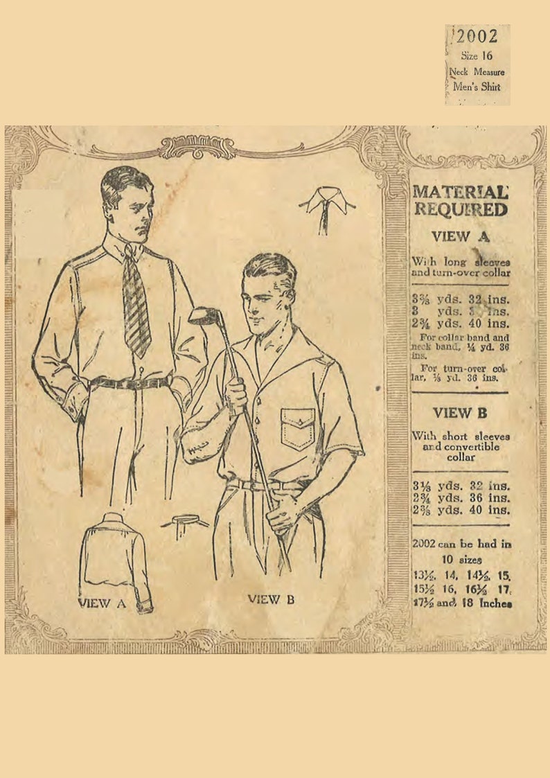 1920s Men’s Sewing Patterns 1920s Vintage Sewing Pattern Mens Shirt Sports Shirt Size Neck 16