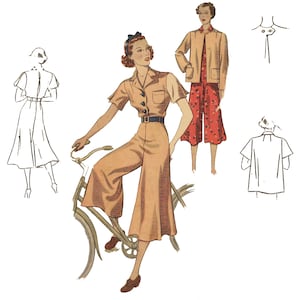 Könnte beinhalten: Eine Vintage-Illustration einer Frau in einem braunen Overall mit Gürtel und kurzen Ärmeln. Sie sitzt auf einem Fahrrad mit ausgestrecktem rechten Bein. Die Illustration ist im Retro-Stil gehalten und zeigt eine Frau mit kurzen, lockigen Haaren und einer Schleife.