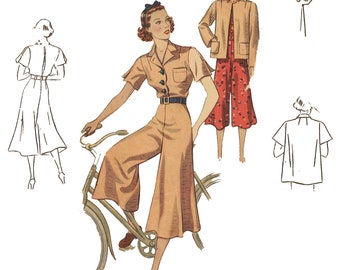 Vintage 1930's Sewing Pattern: WWII Culottes Dress, Jacket, Safari - Bust 30”/ 76.2cm