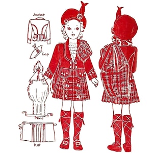 May include: A red and white plaid kilt with a red jacket, a red cap with a feather, and red socks. The outfit is for a child.
