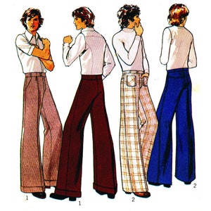 Puede incluir: Tres ilustraciones de hombres que llevan diferentes estilos de pantalones acampanados. El primer hombre lleva pantalones marrones, el segundo hombre lleva pantalones a cuadros y el tercer hombre lleva pantalones azules.