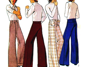 May include: Three illustrations of men wearing different styles of flared pants. The first man is wearing brown pants, the second man is wearing plaid pants, and the third man is wearing blue pants.